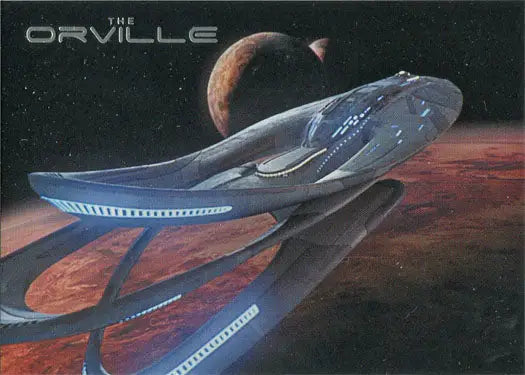 Sleek futuristic spacecraft with blue lights featured on Orville Season 1 trading card