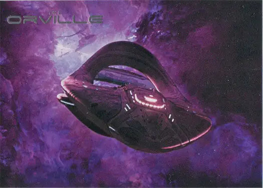 Sleek oval-shaped spacecraft on Orville Season 1 Ship Card O5, perfect for trading cards