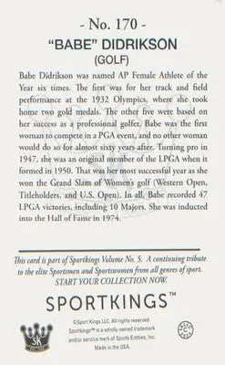 Other Sports 2024 Sportkings Volume 5 #170 ’Babe’ Didrikson - Other Sports Card Single