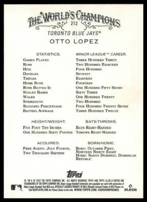 Otto Lopez Rookie 2022 Topps Allen & Ginter #212 Toronto Blue Jays - Baseball Card Single