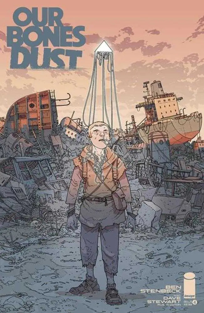 Comic book cover of Our Bones Dust #4 with character in post-apocalyptic ruins