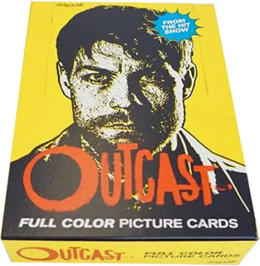 Box of Outcast TV Show wax pack featuring full color trading cards on yellow background
