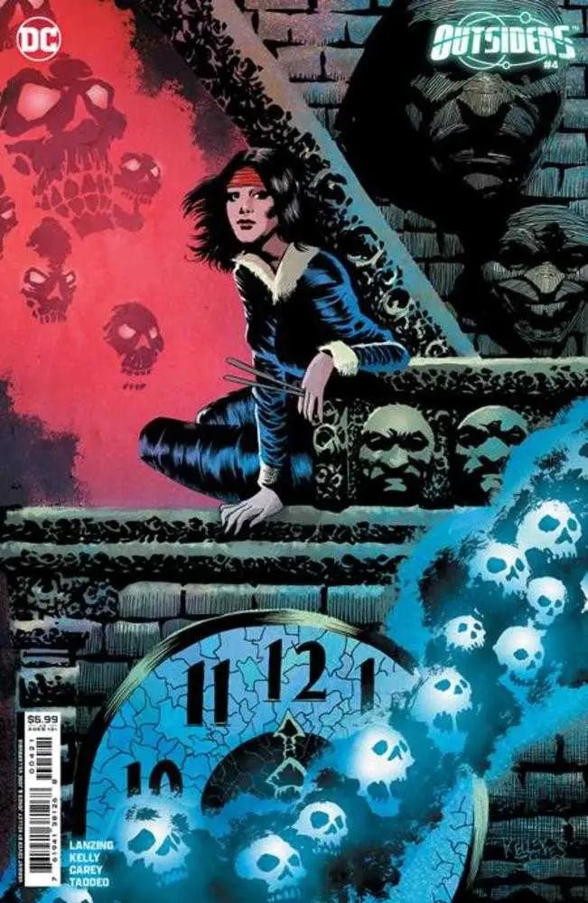 Comic book cover artwork of Outsiders #4 with glowing skulls and clock face