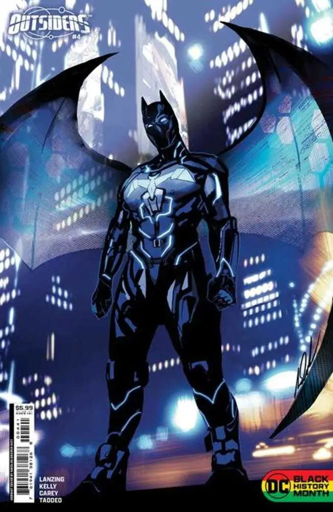 Futuristic Batman in sleek black armor with blue accents on Outsiders #4 trading card
