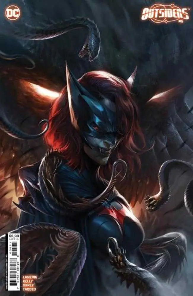 Dark armored figure with glowing red accents on Outsiders #5 Cover B Card Stock Variant