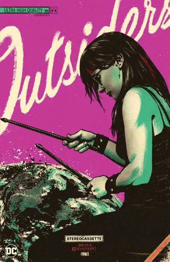 Comic book cover art featuring a drummer with green lighting for Outsiders #7 trading cards