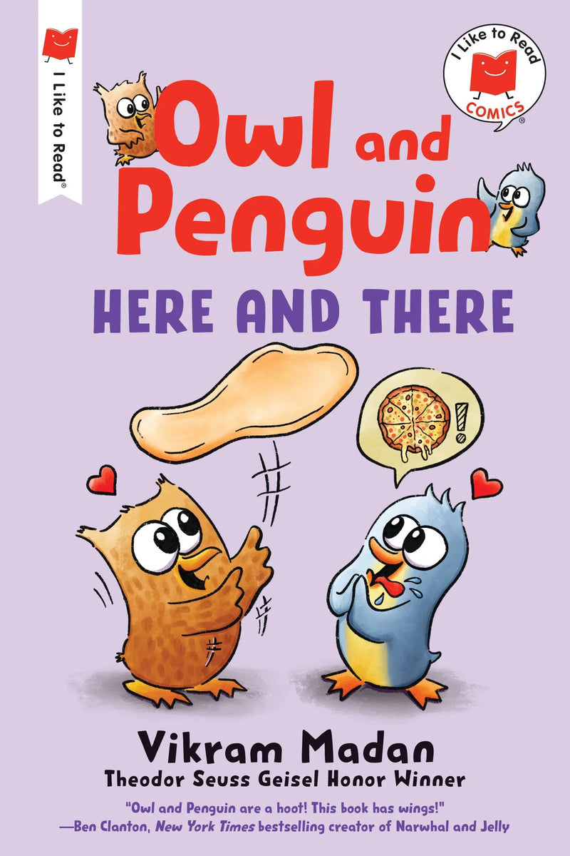 Illustrated children’s book with two cartoon characters from Owl And Penguin Here And There