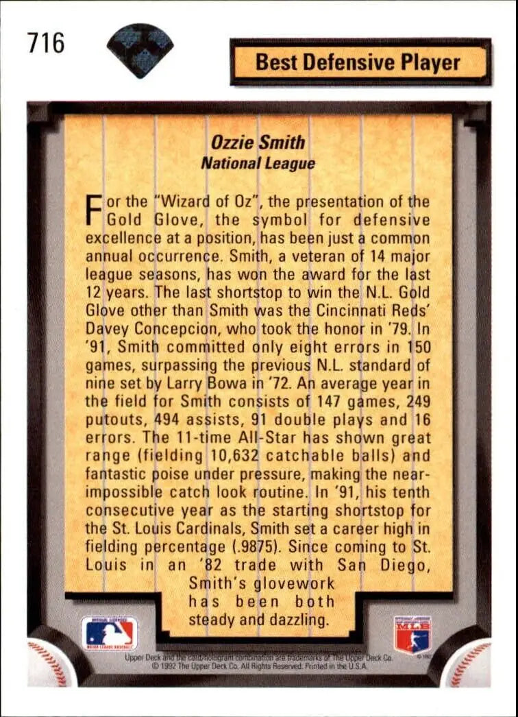 Ozzie Smith 1992 Upper Deck MLB #716 Diamond Skills Baseball Card Cardinals - Baseball Card Single