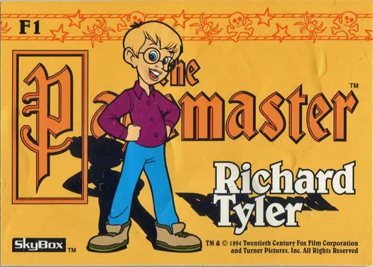 Cartoon character in glasses beside The Pagemaster on Pagemaster Embossed Foil Chase Card F1