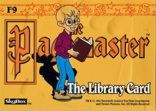 Embossed foil chase card featuring a cartoon character reading Pagemaster: The Library Card