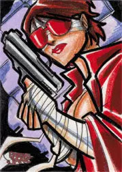 Stylized cartoon of a person in red holding a gun on Painkiller Jane sketch card by Michael Duron