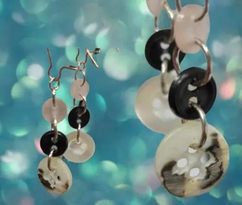 Pair of Button drop earrings beige black and pink earwires - General Merchandise