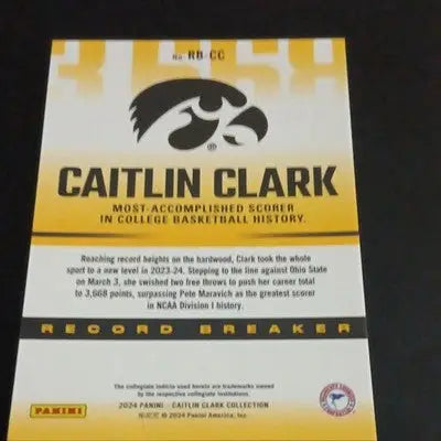 Panini 2024 Caitlin Clark Collection - Record Breaker. 3668 points. Iowa. NRMT+ - Basketball Card Single