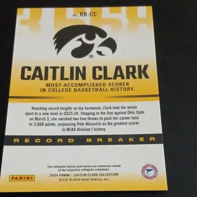Panini 2024 Caitlin Clark Collection - Record Breaker. 3668 points. Iowa. NRMT+ - Basketball Card Single