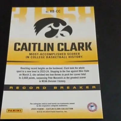 Panini 2024 Caitlin Clark Collection - Record Breaker. 3668 points. Iowa. NRMT+ - Basketball Card Single