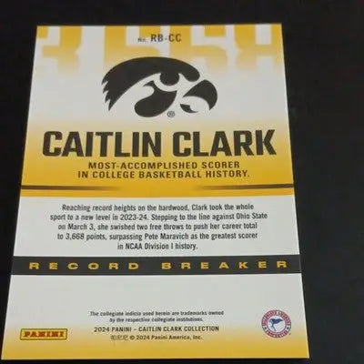 Panini 2024 Caitlin Clark Collection - Record Breaker. 3668 points. Iowa. NRMT+ - Basketball Card Single