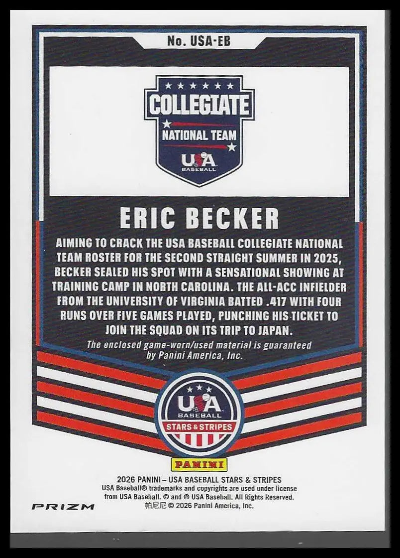 PANINI 2026 STARS & STRIPES ERIC BECKER GAME-WORN PRIZM #USA-EB COLLEGIATE USA
