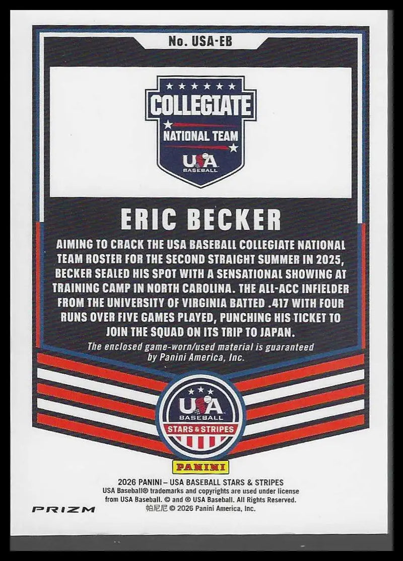 PANINI 2026 STARS & STRIPES ERIC BECKER GAME-WORN PRIZM #USA-EB COLLEGIATE USA