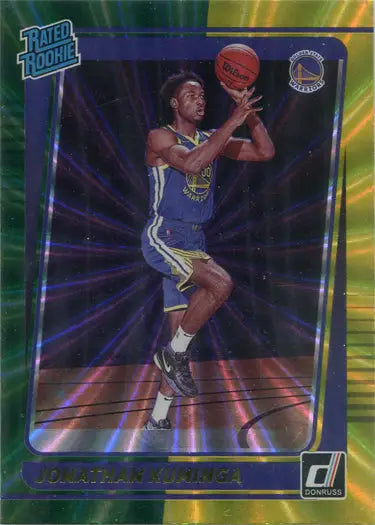 Basketball trading card of Jonathan Kuminga in blue and yellow uniform shooting a ball