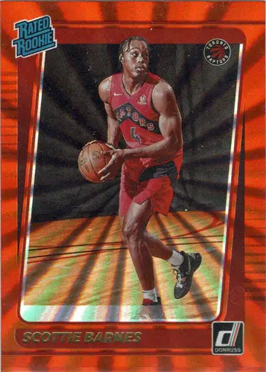 Basketball trading card of Scottie Barnes in red Toronto Raptors uniform, orange laser parallel