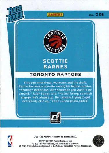 Scottie Barnes Toronto Raptors orange laser parallel card from Panini Donruss 2021-22