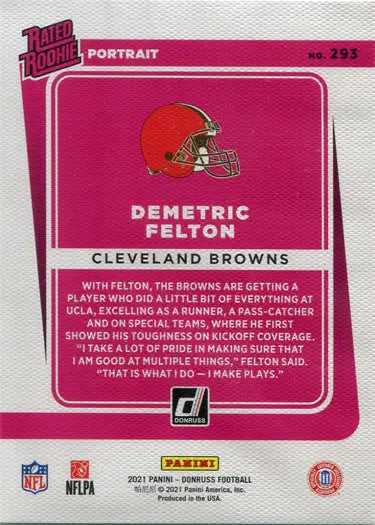 Rated rookie portrait card of Demetric Felton from the Cleveland Browns