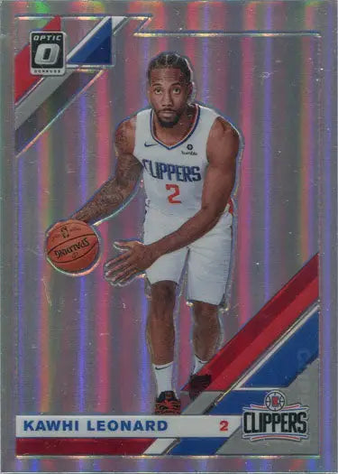 Clippers player holding basketball on 2019-20 Holo Silver Prizm Card featuring Kawhi Leonard