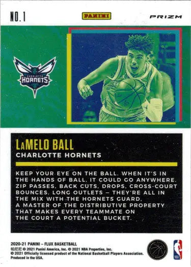 Basketball trading card of LaMelo Ball in action, showcasing Freshman Year Silver Prizm