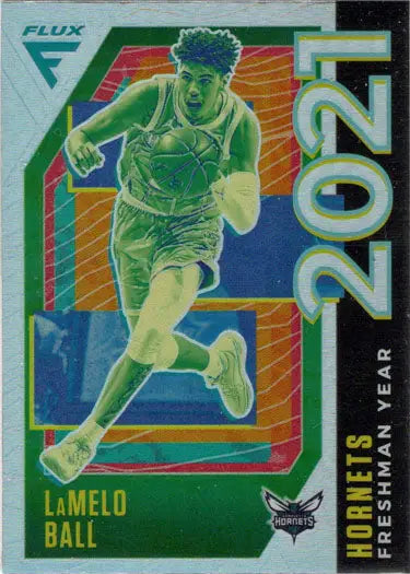 Holographic Panini Flux Basketball card of LaMelo Ball dribbling in green tones, freshman year silver