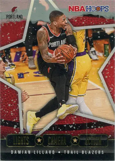 Basketball trading card of Portland Trail Blazers player on court, Lights Camera Action Gold Foil