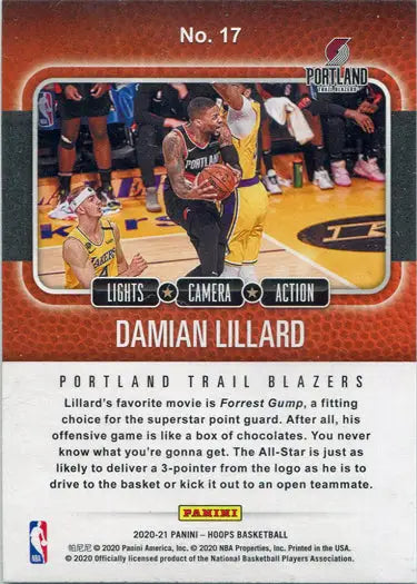 Basketball trading card of Damian Lillard in action with Lights Camera Action Gold Foil design