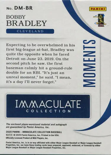 Baseball trading card of Bobby Bradley’s first major league at-bat, Panini Immaculate 2020
