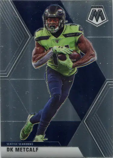 Football player in green and navy uniform on Panini Mosaic Football base card