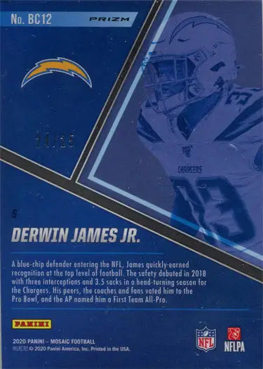 Football trading card of Chargers player Derwin James in Blue Chips White Prizm design