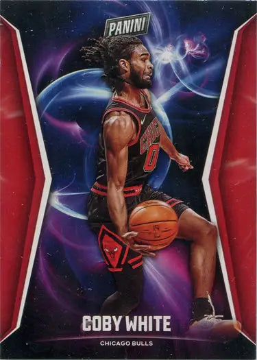 Basketball trading card of Coby White in action on a colorful background, Panini Player base card