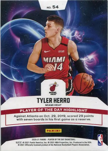Basketball trading card of Tyler Herro in red jersey from Panini Player of the Day base card