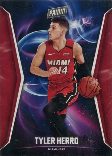 Miami Heat player Tyler Herro dribbling ball on Panini Player of the Day base card