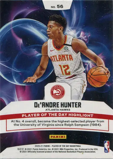 Basketball trading card of De’Andre Hunter in white jersey, Panini parallel base card