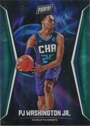 Basketball trading card of PJ Washington in teal Charlotte Hornets jersey, parallel base card