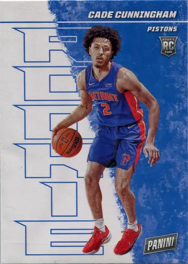 Basketball player dribbling in blue Detroit Pistons uniform for trading cards