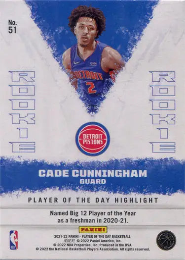 Basketball trading card of Cade Cunningham from Panini Player of the Day in blue jersey