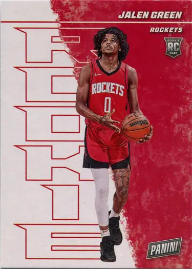 Basketball player in red Houston Rockets jersey holding basketball for Panini trading card