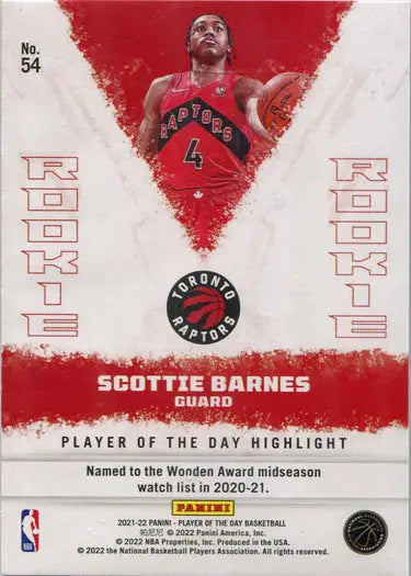 Basketball trading card of Toronto Raptors rookie Scottie Barnes in red jersey