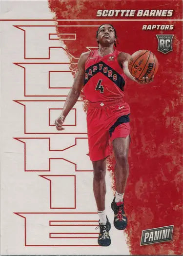 Basketball player dribbling ball in red Toronto Raptors jersey on trading card