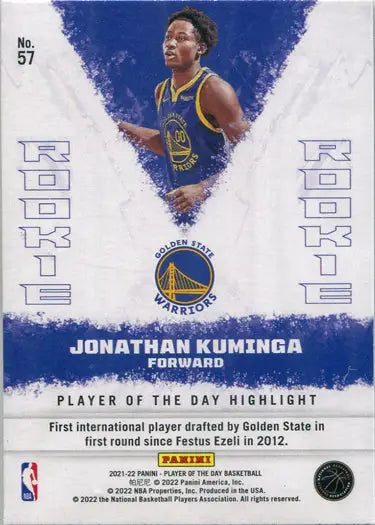 Basketball trading card of Golden State Warriors player Jonathan Kuminga in blue jersey