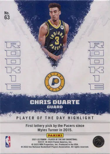 Basketball trading card of Chris Duarte in navy blue Indiana Pacers jersey