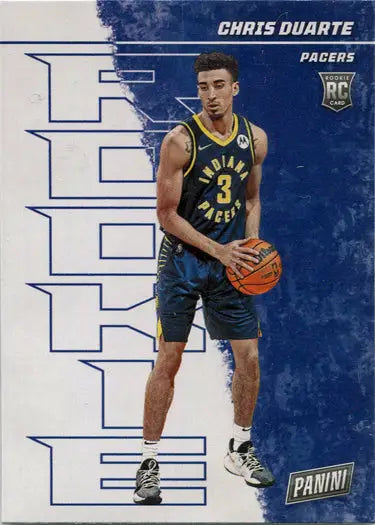 Basketball trading card of Chris Duarte in Pacers navy and gold uniform holding a ball