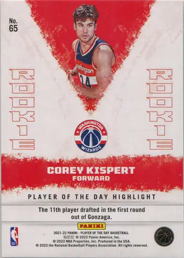 Basketball trading card of Corey Kispert in Washington Wizards blue jersey
