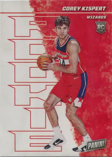 Basketball trading card of Corey Kispert in red uniform for Washington Wizards