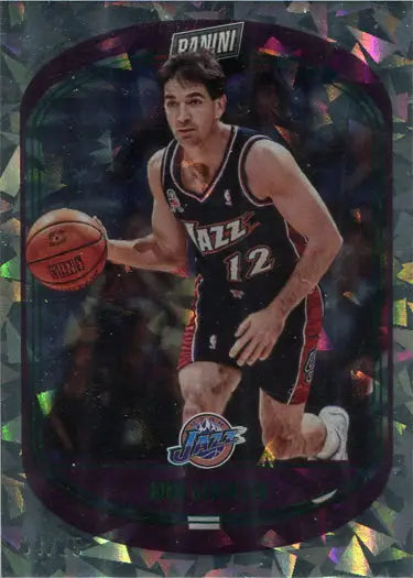Basketball player dribbling in Utah Jazz uniform on Cracked Ice Parallel Card 89 J. Stockton